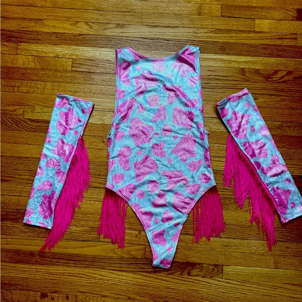 Freedom Ravewear Strawberry Milkshake Sideboob Body Suit with Fringe Sleeves 💕🤠